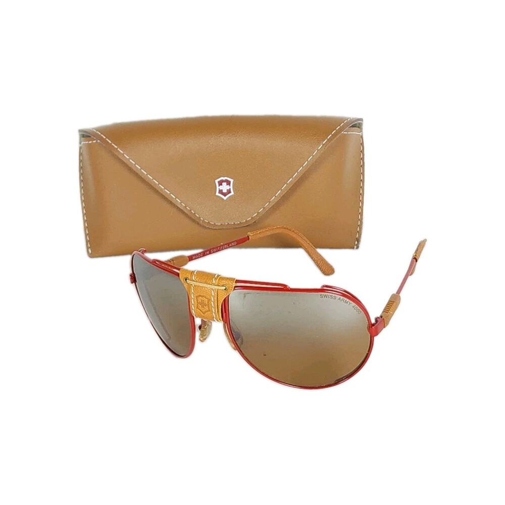 Swiss Army 4000 Vintage Red Frame Leather Accents Aviator Sunglasses W Case